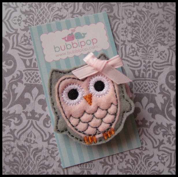 Felt Hair Clip Boutique Gray and Pink Owl with Bow No Slip