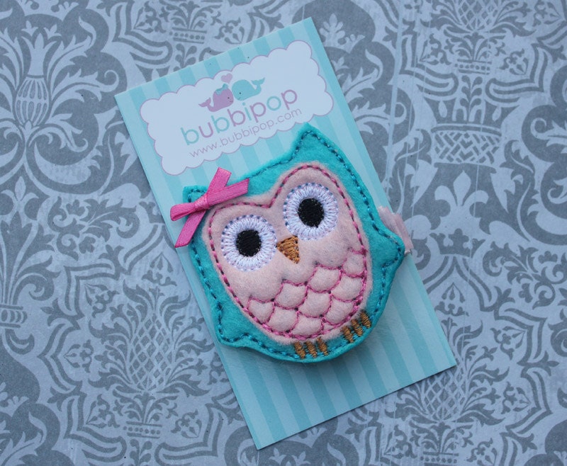 Boutique Turquoise and Pink No Slip Felt Euro Owl Hair Clip