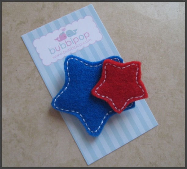 Felt No Slip Hair Clip Boutique Red and Bright Blue July 4th Stars