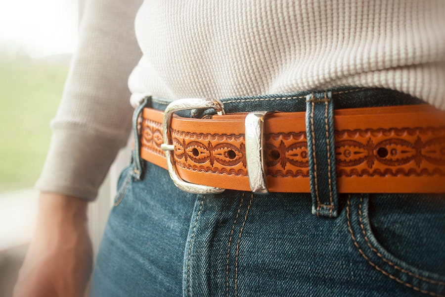 Custom Leather Belt - 1.5 inches wide by your custom length - Western Clouds Pattern with your choice of stain color - Unisex