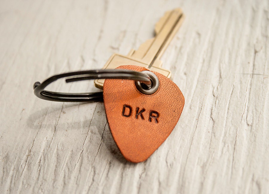 Leather Guitar Pick - Personalize with up to 4 characters - key ring, luggage tag - hand cut - perfect for Dad