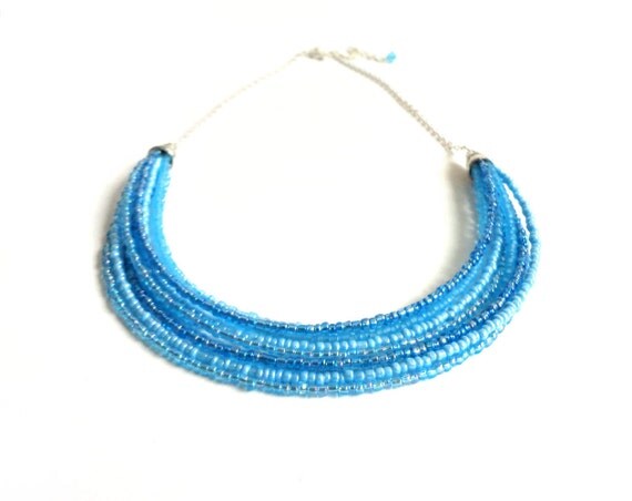 Turquoise statement neckace bib small glass layered multi stranded elegant ooak
