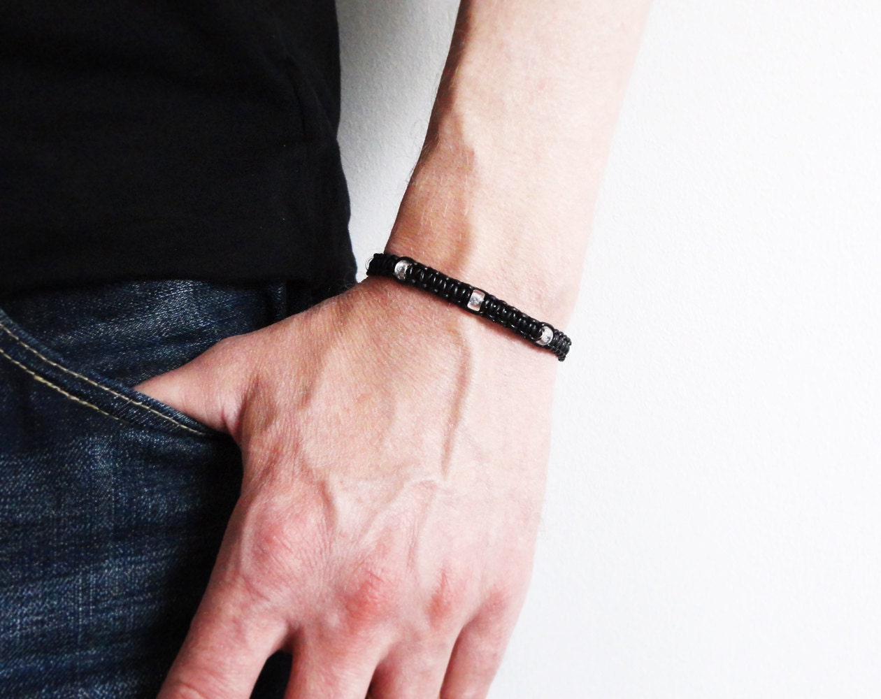 Leather bracelet mens black knotted macrame cuff glass unisex women rocker