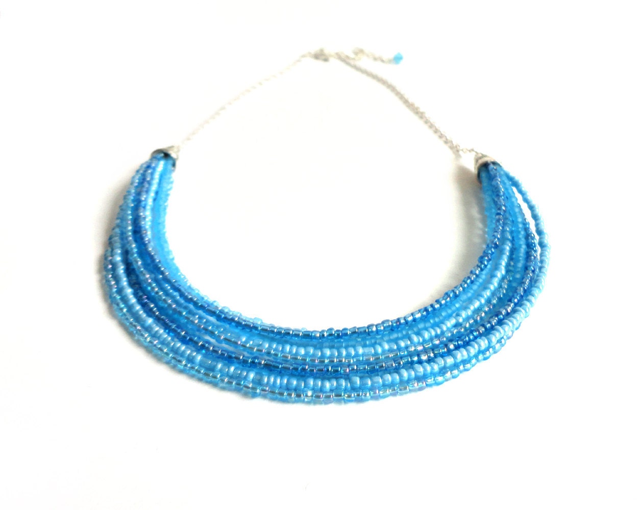 Turquoise statement neckace bib small glass layered multi stranded elegant ooak