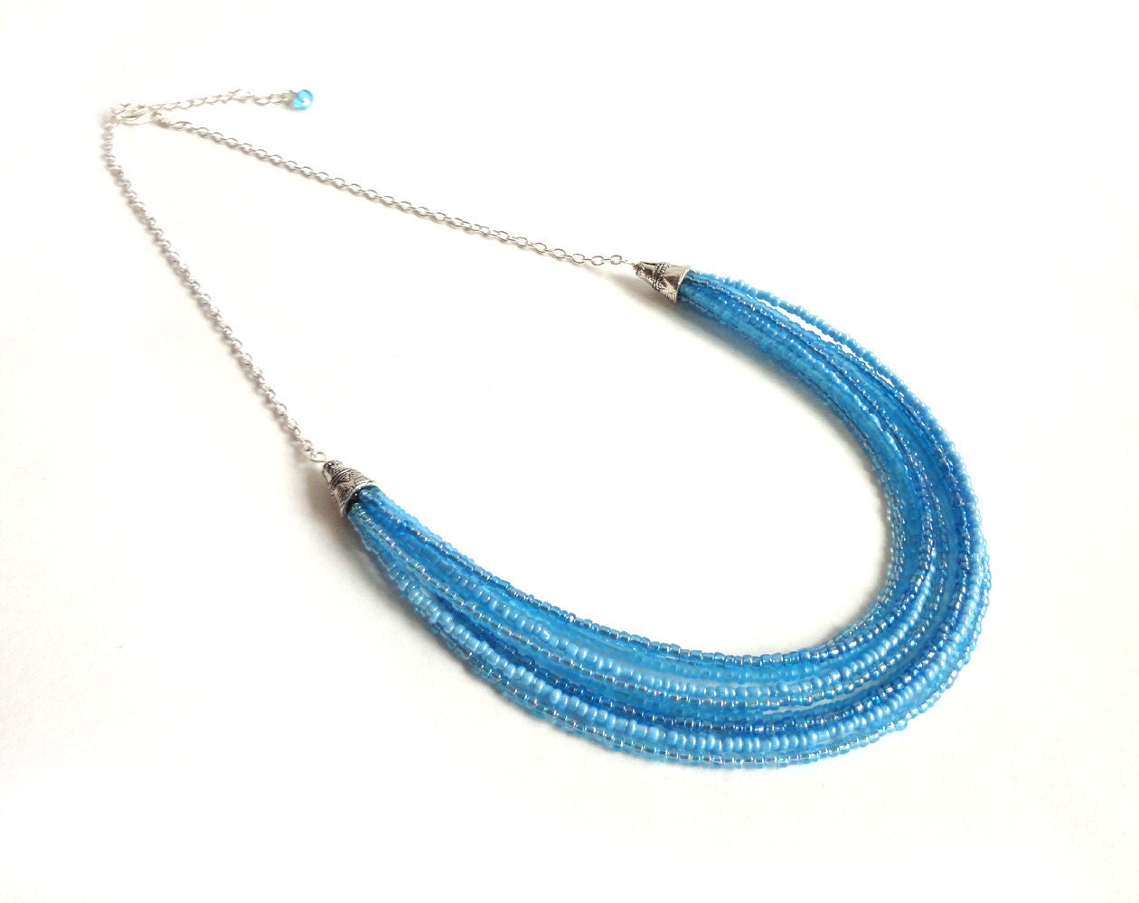 Turquoise statement neckace bib small glass layered multi stranded elegant ooak