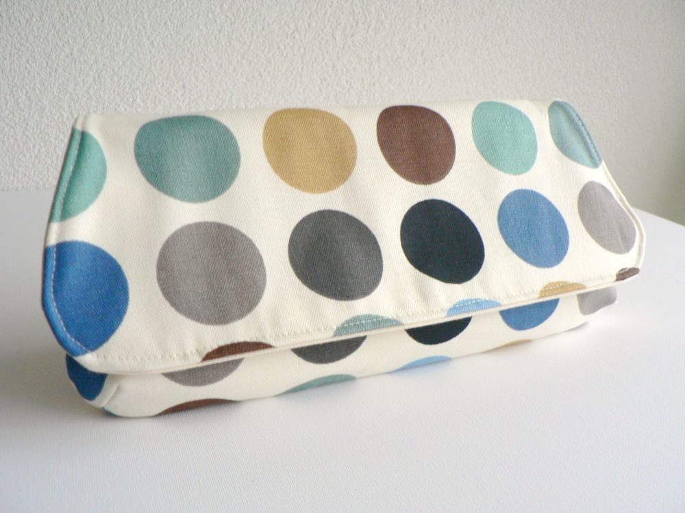 Clutch in Teal, Mustard, Gray and Black Polka Dots  on Natural