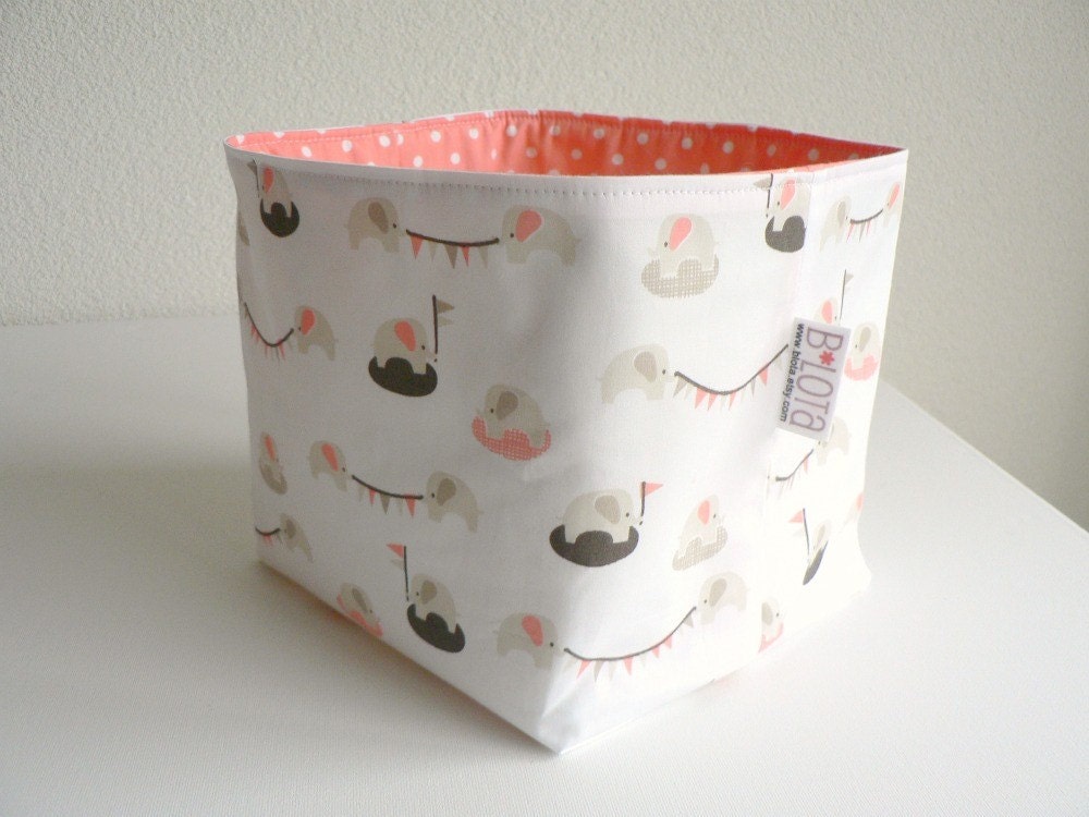 Organic Fabric Basket - Tiny Elephants and Dots in Pink, Gray and Brown