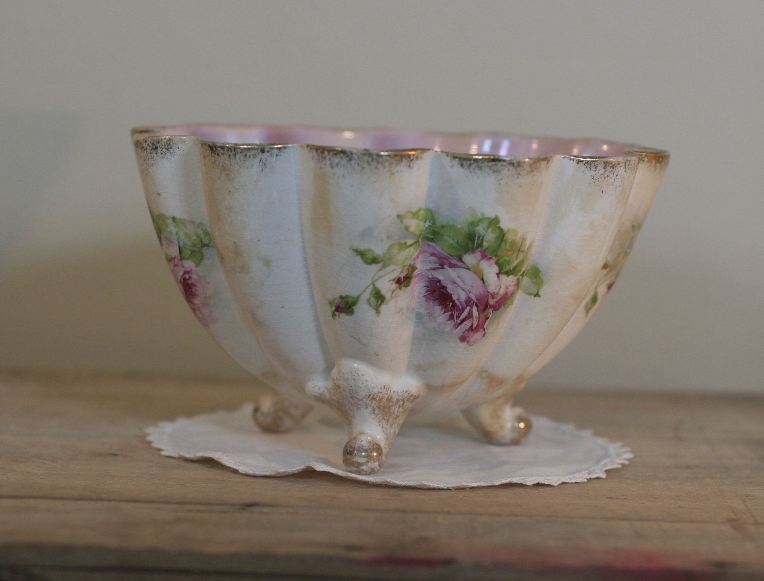 vintage footed bowl shabby chic transfer ware