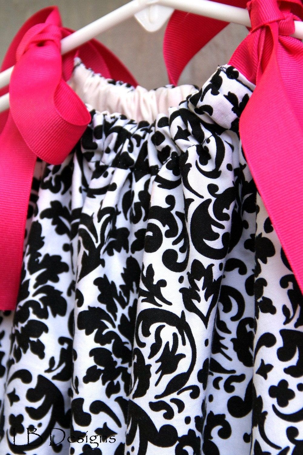 Dress, White/Black Damask Pillowcase Dress with Hot Pink Ribbon