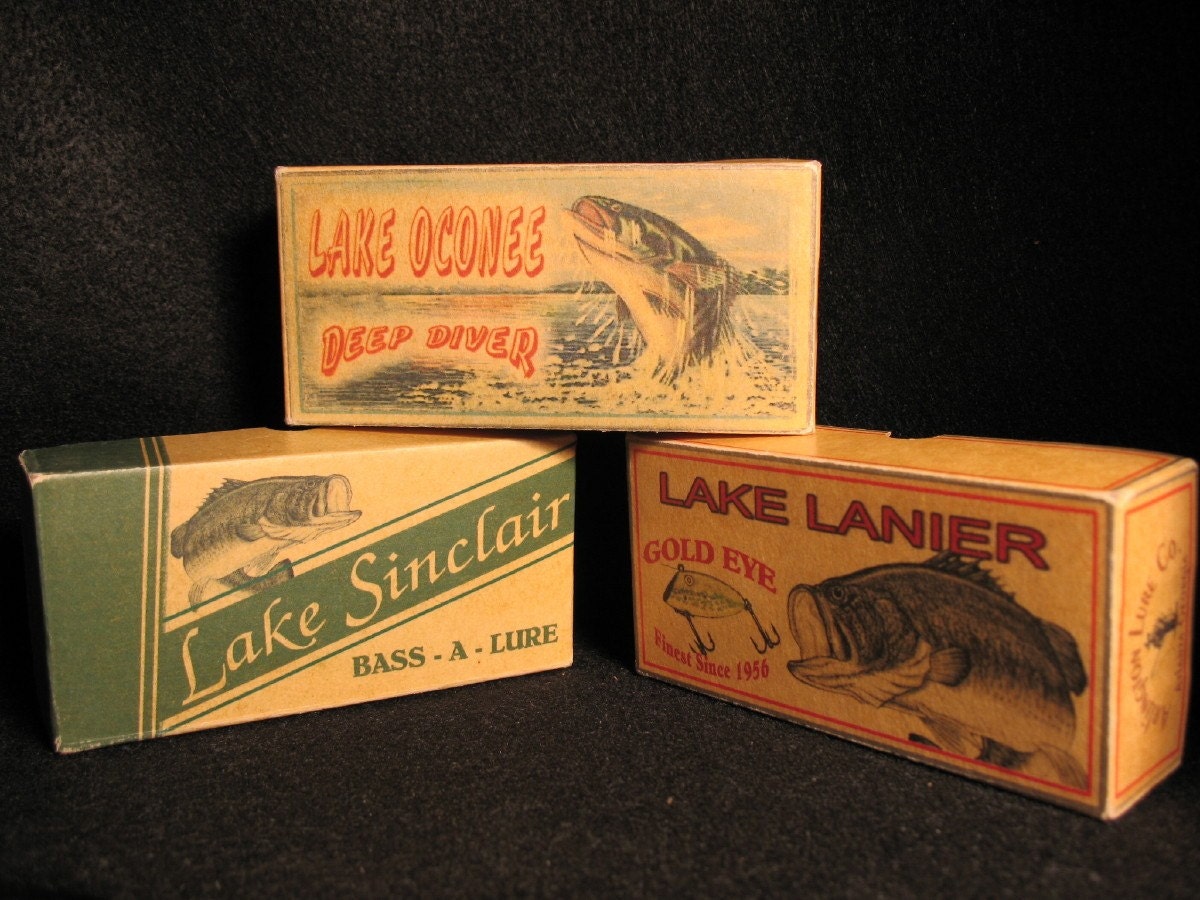 Not a tackle box but personalized Bass, Trout ,Walleye fishing lure boxes lake cabin decor