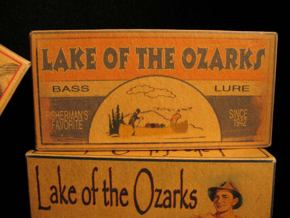 Lake of the Ozarks Missouri lake house fishing cabin bass lure boxes decorations