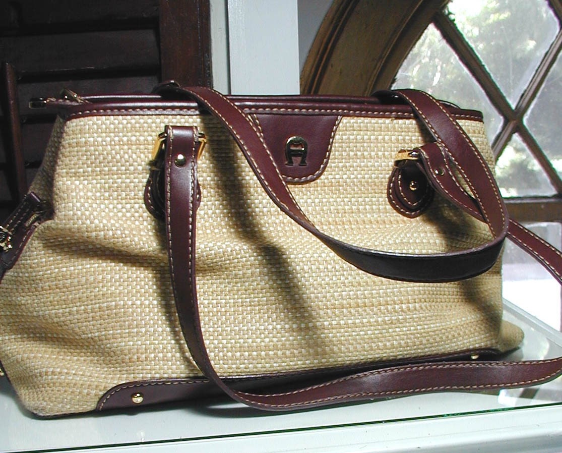 Vintage Etienne Aigner Leather and Straw Purse with Multiple Compartments