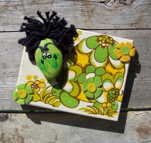 Retro 1970s hippy pet rock turtle art picture, ultra unique, dreadlocks, boho flower child tortoise, FAR OUT MANNNNN