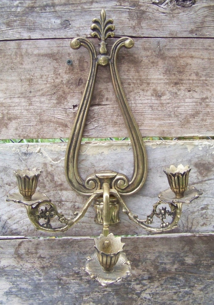 Vintage brass wall sconce, candleholder, made in Japan,  Hollywood Regency style, fleur de lis, scroll work on Etsy
