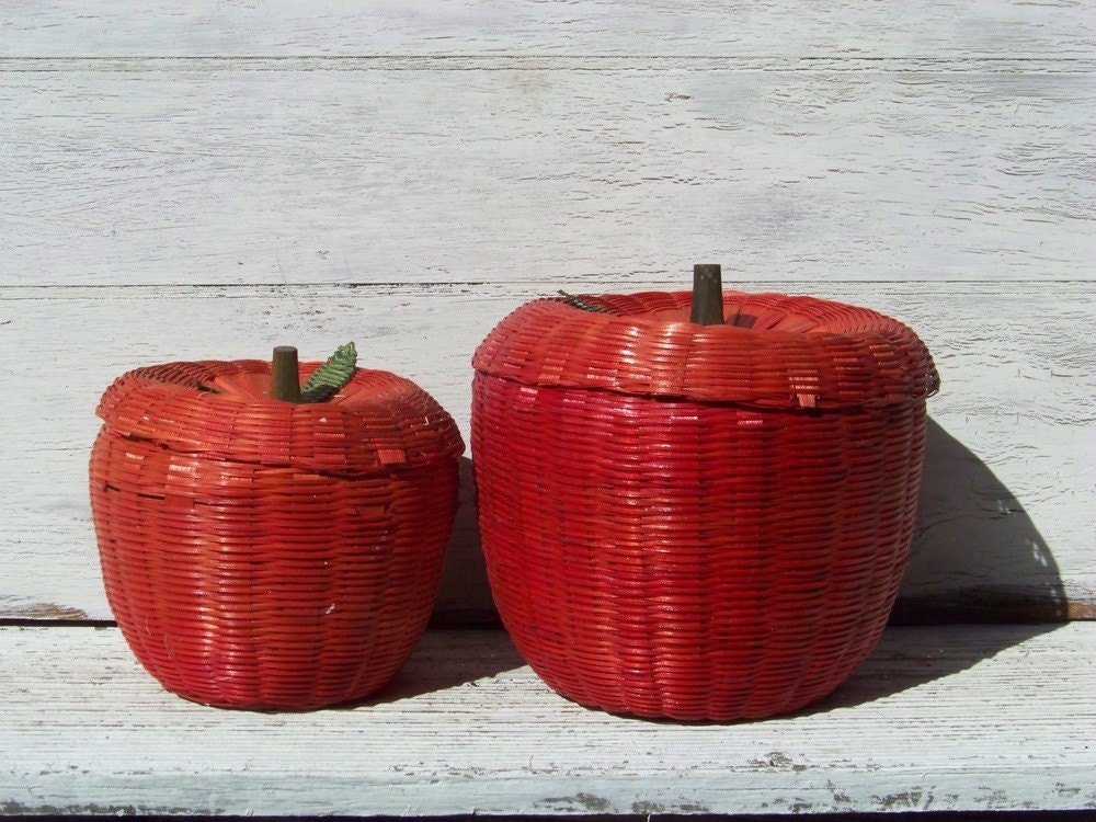 Pair of vintage apple baskets, wicker, red, 1970s, kitchen decor on Etsy - Treasury Featured x2