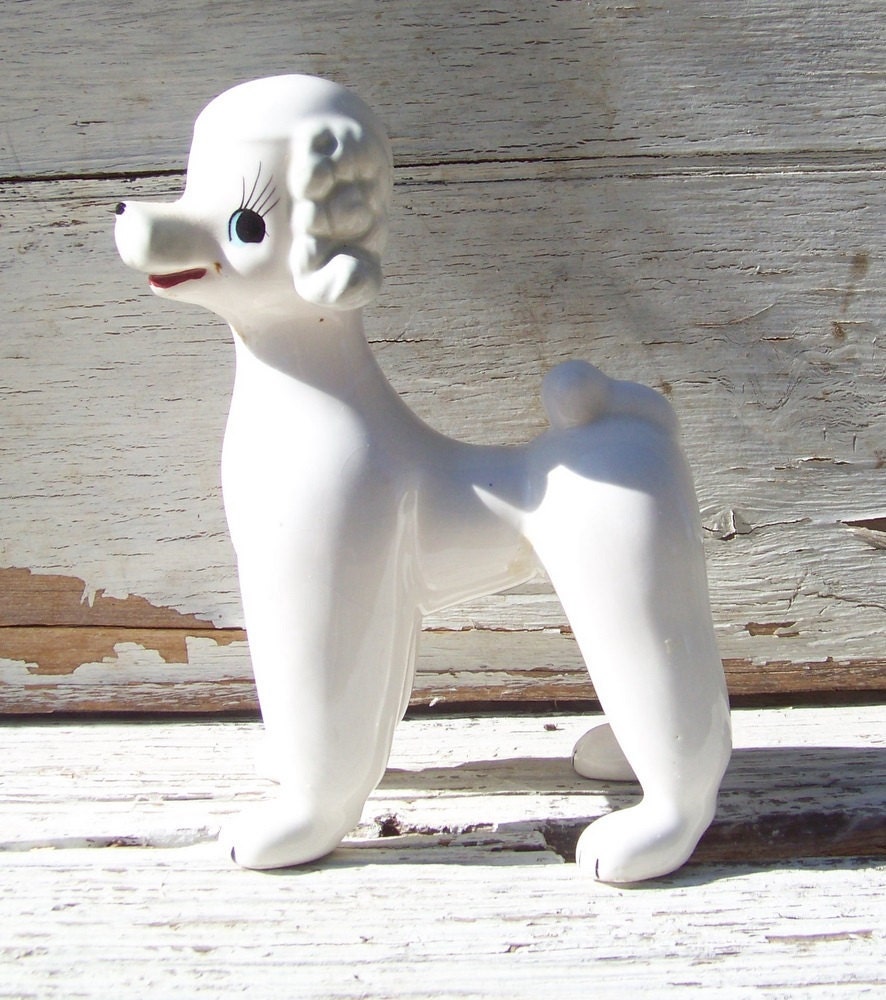 Vintage Sonsco porcelain poodle figurine, statue, white, hand painted details, 1950s, Japan, dog, puppy