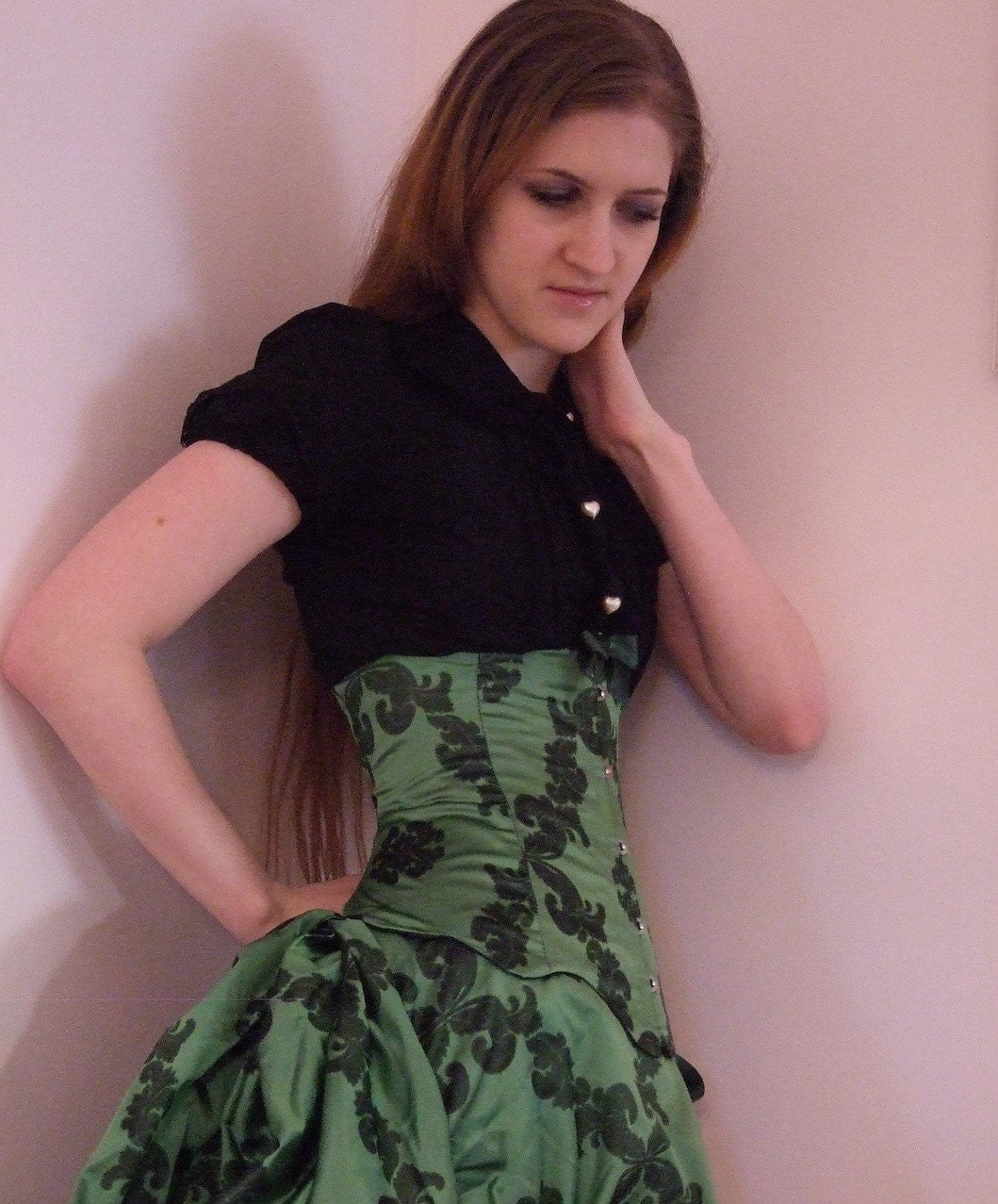 Sample SALE- 23" waist Green Victorian Underbust Corset, steel boned, custom made