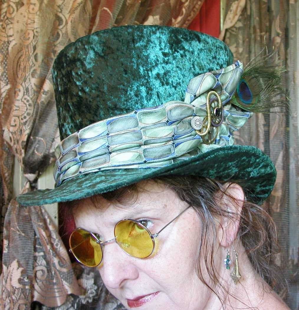 Deep Emerald Green Top Hat with Peacock Plume and Gears