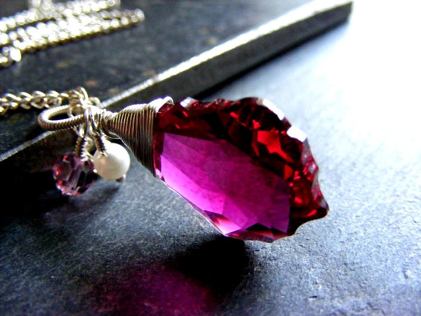 Ruby Fuchsia Swarovski Baroque Pendant Necklace, White Swarovski Pearl, Sterling Silver Wire Wrapped Pendant