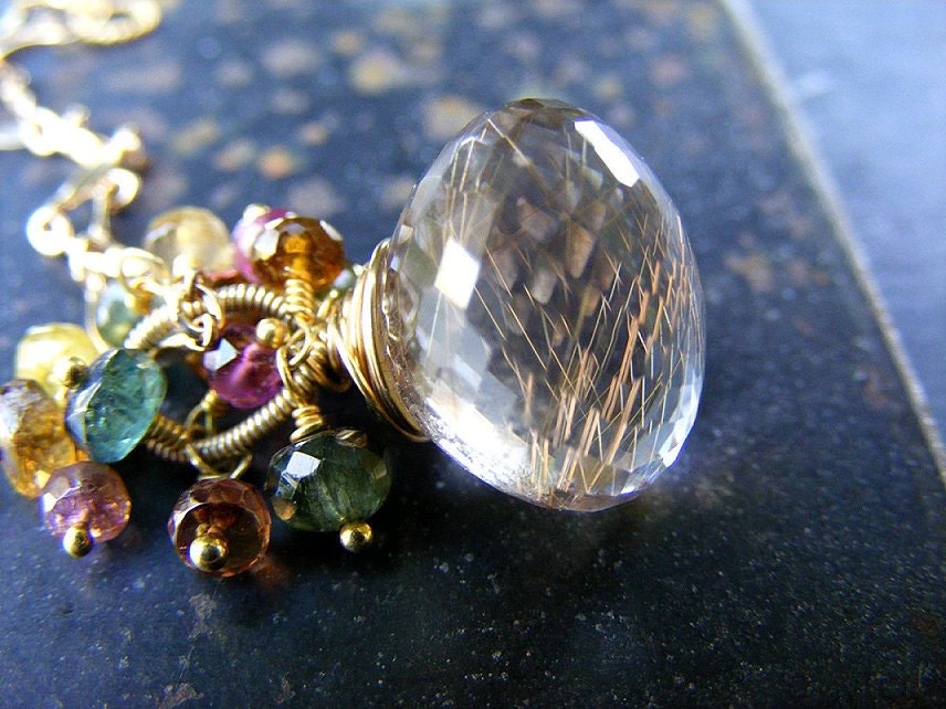 Golden Rutilated Quartz Necklace, Blue Pink Yellow Green Tourmaline, 24k Gold Vermeil, Cluster Pendant Necklace