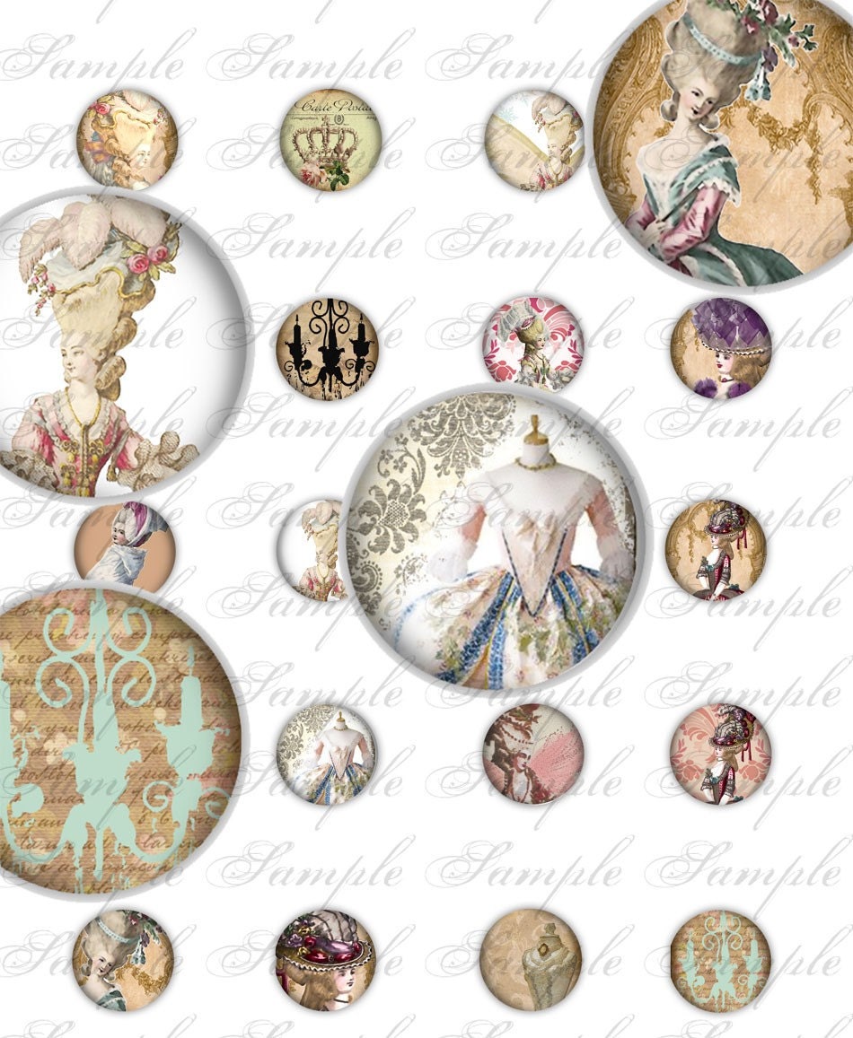 Marie Antoinette - one inch rounds - vintage - bottle caps - glass pendant - digital collage sheet