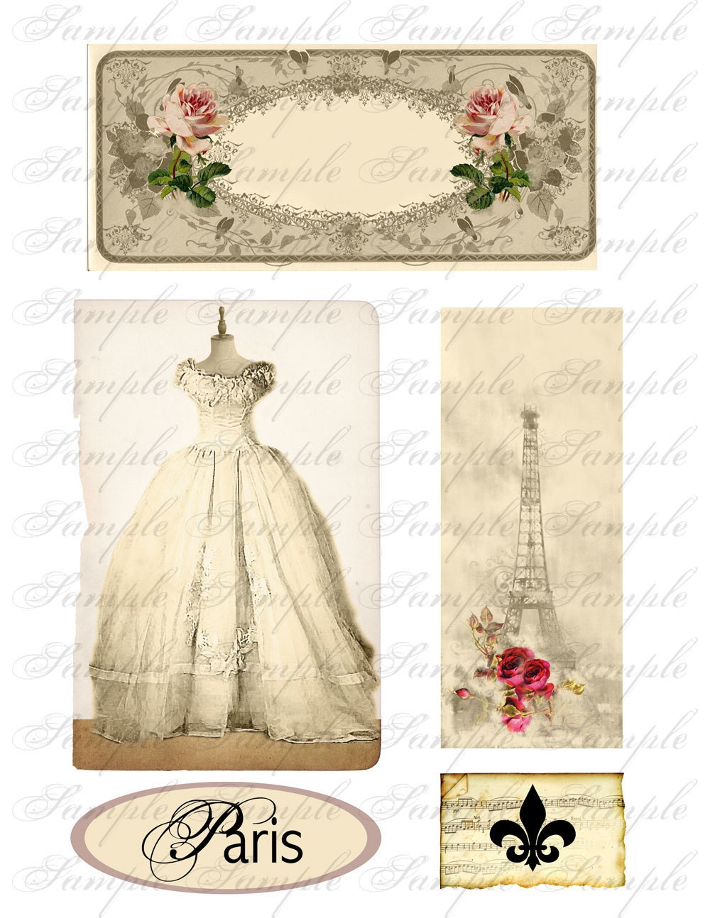 Paris Labels Dress Form Backgrounds Aceo  Altered Art digital collage sheet