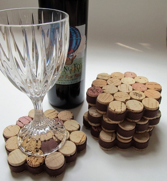 Honeycomb Wine Cork Coaster-Wrapped in Brown Ribbon-Set of Four Housewarming, Wedding, Hostess Gift, Summer Entertaining, Eco Friendly