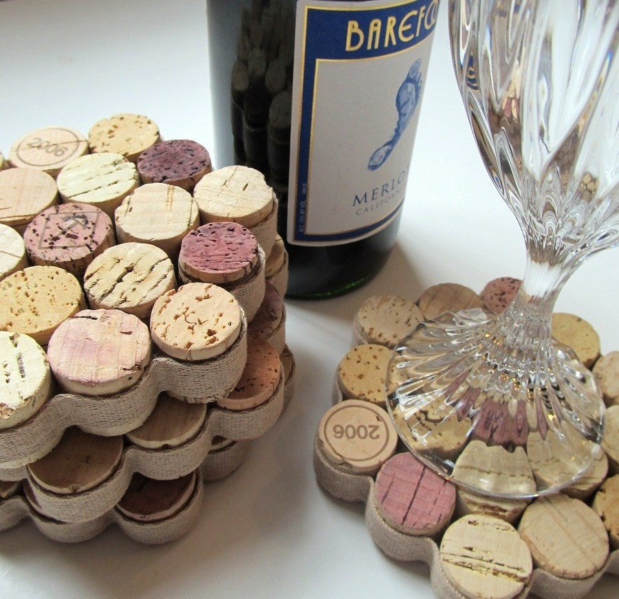 Honeycomb Wine Cork Coasters with Khaki Ribbon -Set of Four - Housewarming Hostess Christmas Wedding Birthday Gift Home Decor