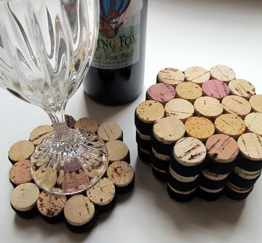 Honeycomb Wine Cork Coasters With Black Ribbon-Set of Four - Wedding, Hostess Gift, Housewarming, Eco Friendly Home Decor
