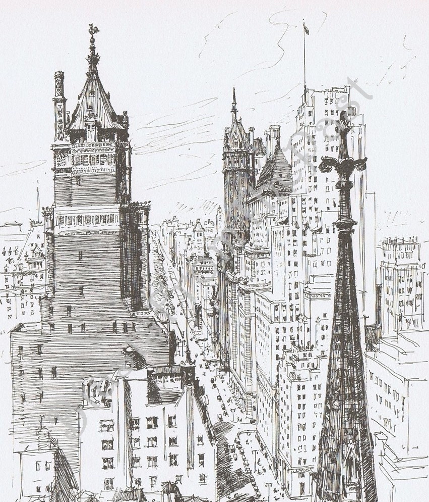 1934 vintage NEW YORK Sketch 'Fifth Avenue by BlastsFromThePast