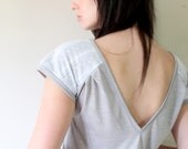 Deep V-neck Back Shirt - soft steel grey white lace trim, handmade boho bohemian minimalist fashion -  large