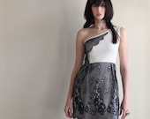 Lace dress - vintage style with one shoulder cut, ivory jersey and black lace - small medium large