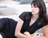 Bohemian lace tunic - smoky black jersey with sheer back, deep v-neck shirt and capped sleeves - medium