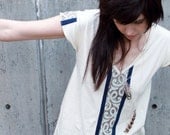 Deep v-neck tunic - modern bohemian style with blue and white lace trim - small