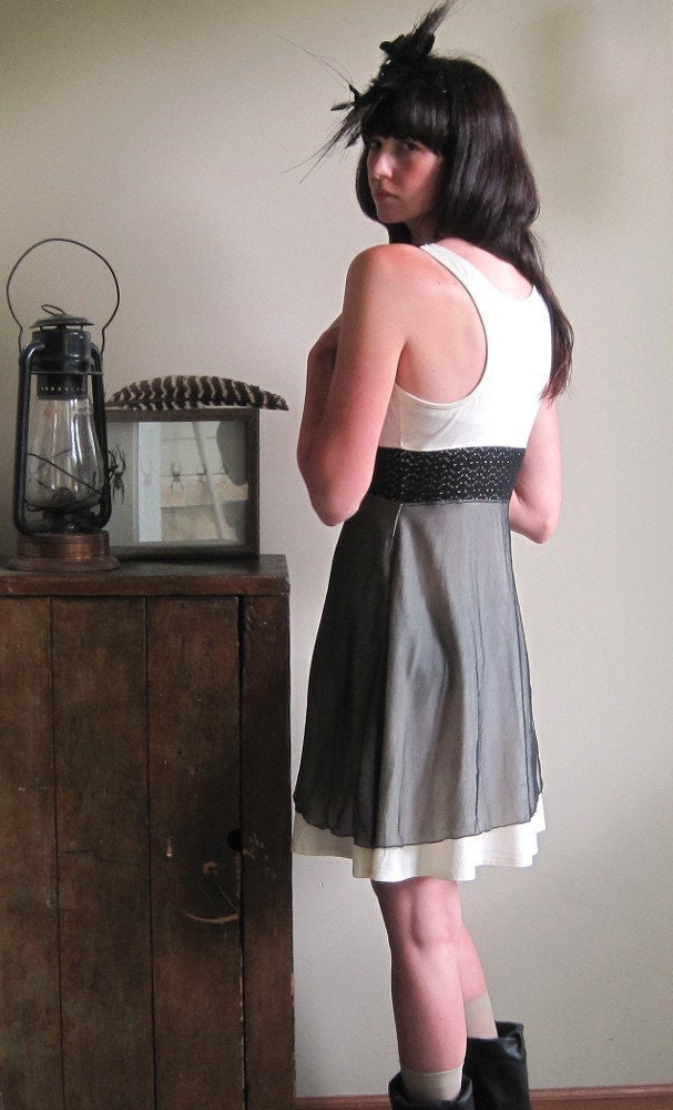 Bohemian lace dress - deep v-neck and racerback cut, night black silk chiffon and neutral ivory jersey  - small