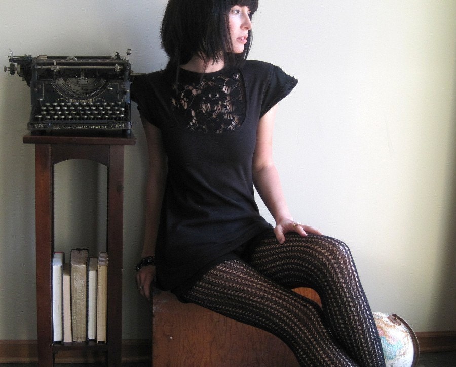 Intricate black lace tunic with cut outs and flutter sleeves - medium