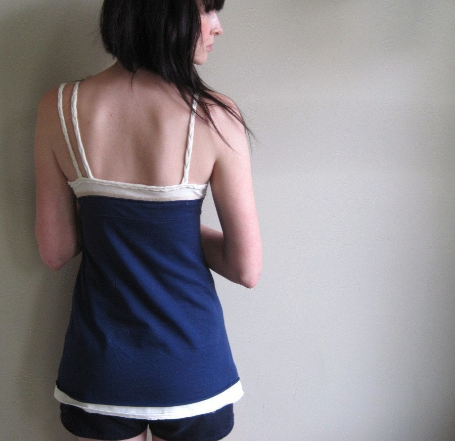 Seafarer tunic - nautical style tank top with navy blue and sand white cotton jersey - small