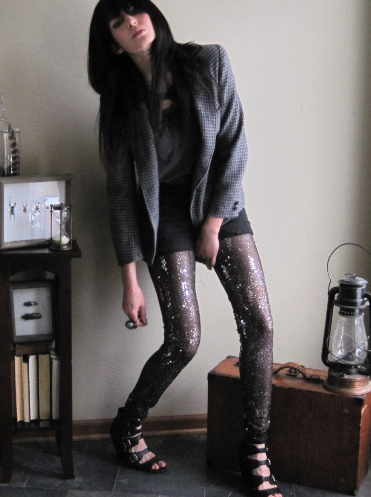 Constellation leggings - sheer black embellished sequin and glitter - medium