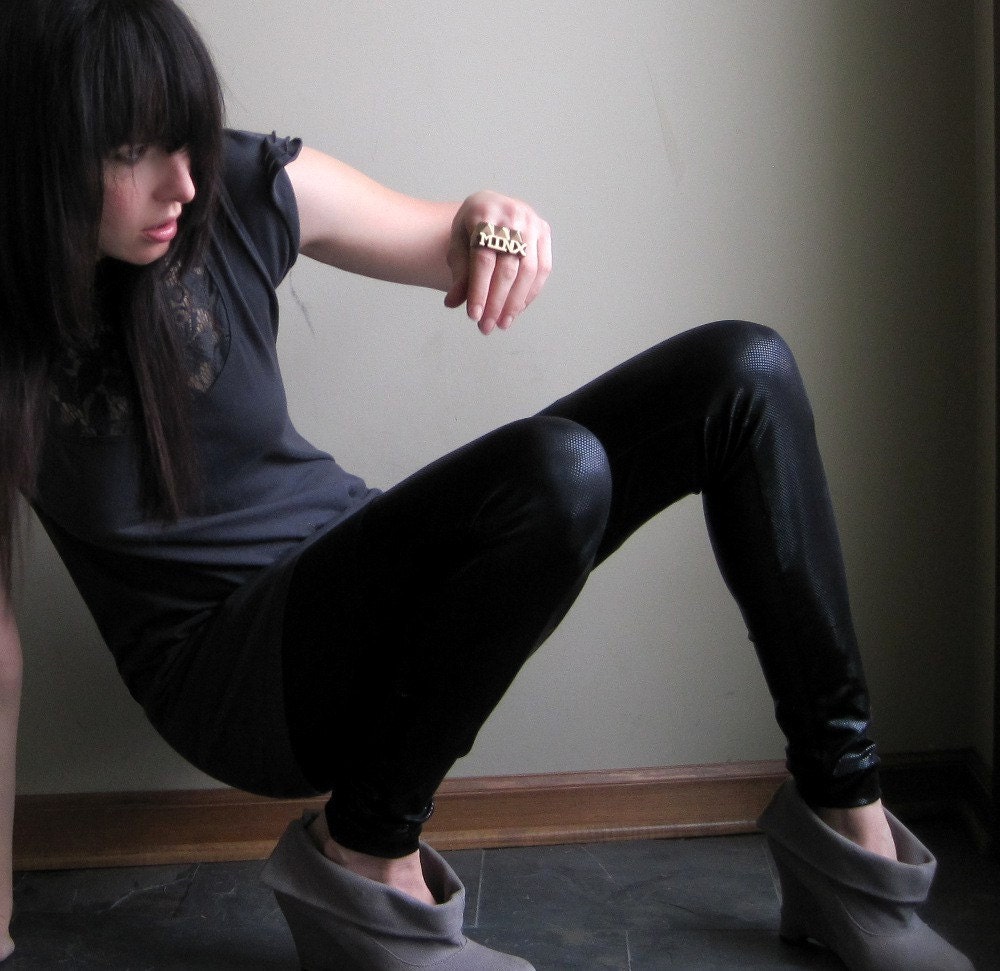 Cosmic midnight black leggings - shiny faux thigh hi style with metallic spandex - small