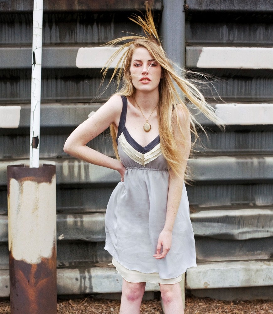 Grey minimal silk dress - geometric lines with deep v-neckline and zip up back - large