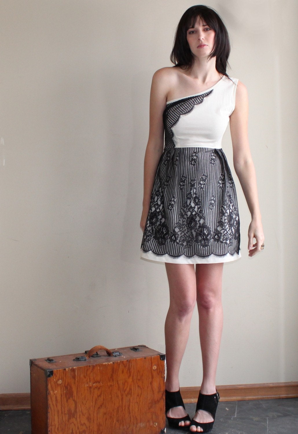 Lace dress - vintage style with one shoulder cut, ivory jersey and black lace - small medium large