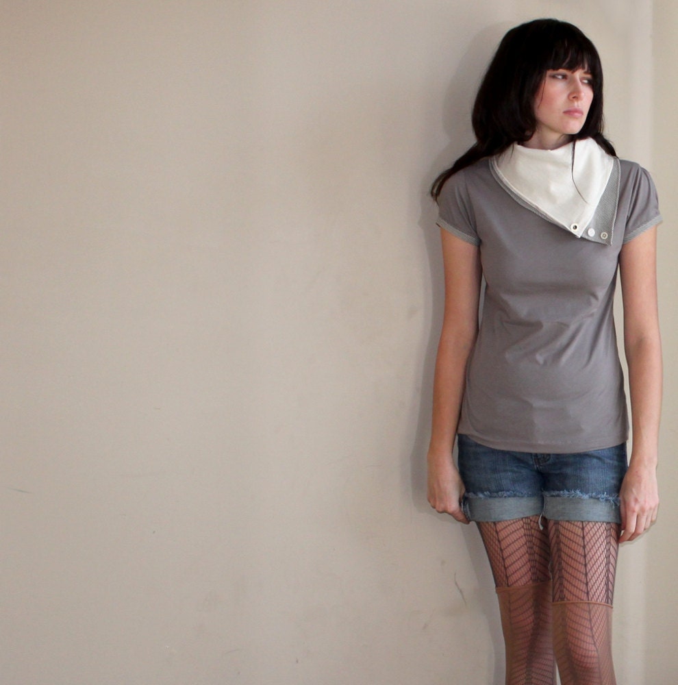 Aviator flight shirt - grey jersey scarf cowl - small medium large