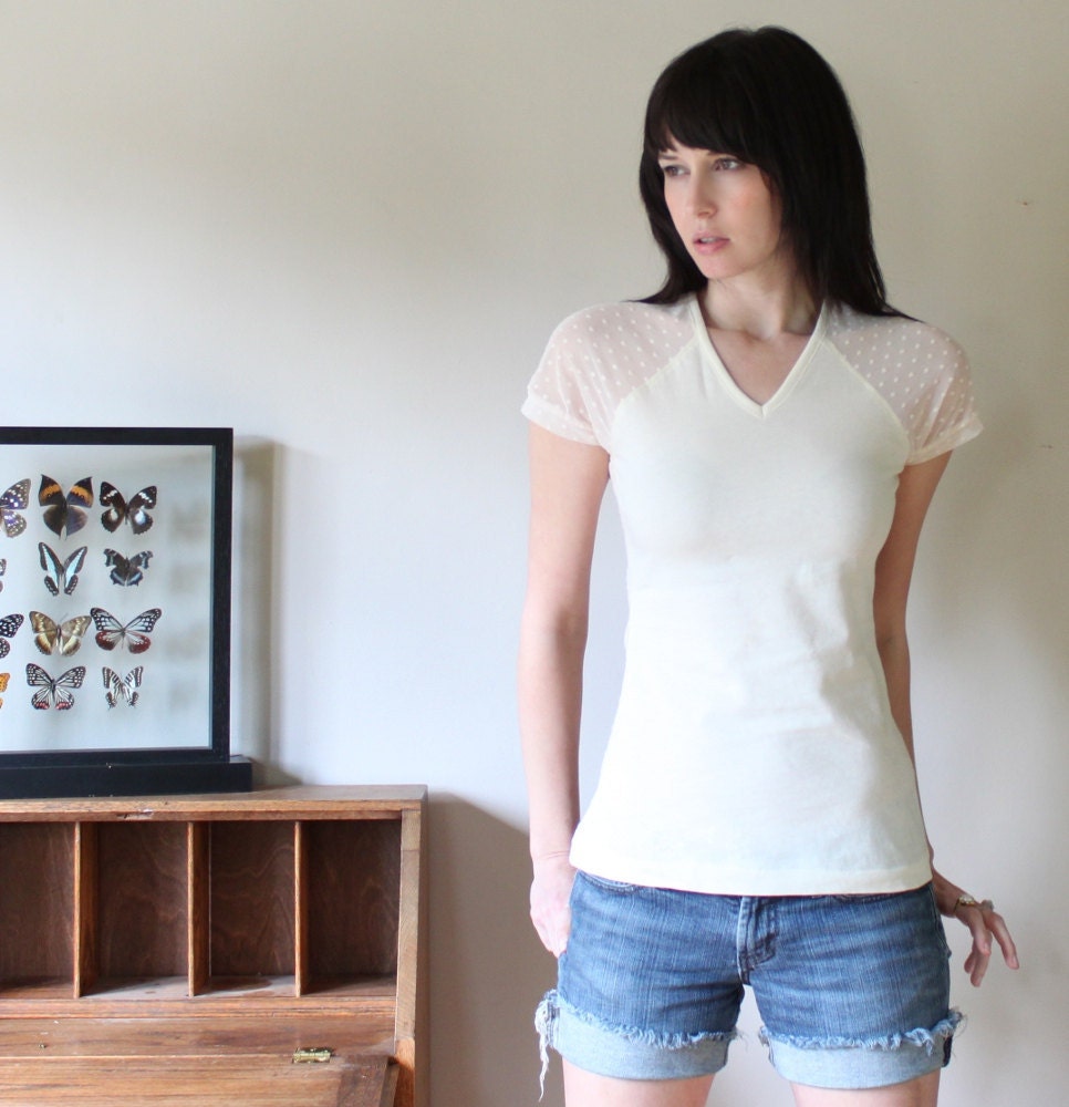 Sheer v-neck shirt - cotton jersey with deep vneck cut, polka dots feminine spring ivory neutral - small