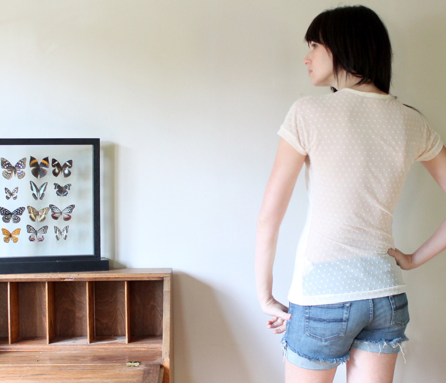 Sheer v-neck shirt - cotton jersey with deep vneck cut, polka dots feminine spring ivory neutral - small