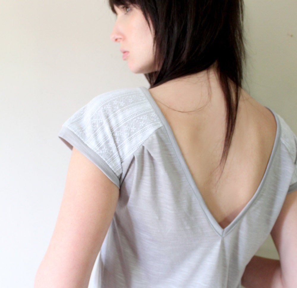 Deep V-neck Back Shirt - soft steel grey white lace trim, handmade boho bohemian minimalist fashion -  large
