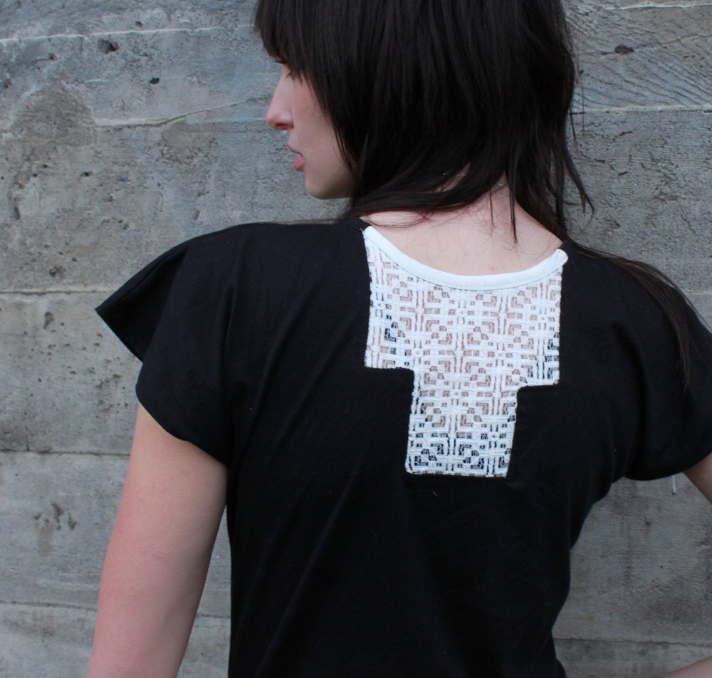 Geometric lace shirt - modern bohemian tunic with loose fit made from night black jersey - small