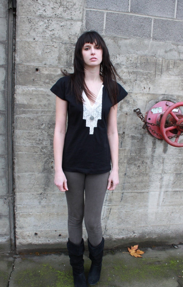 Geometric lace shirt - modern bohemian tunic with loose fit made from night black jersey - small