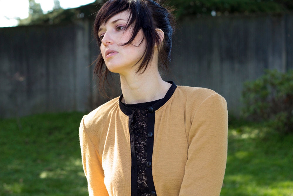 College cardigan - autumn yellow sweater with black trim, football game preppy style - small