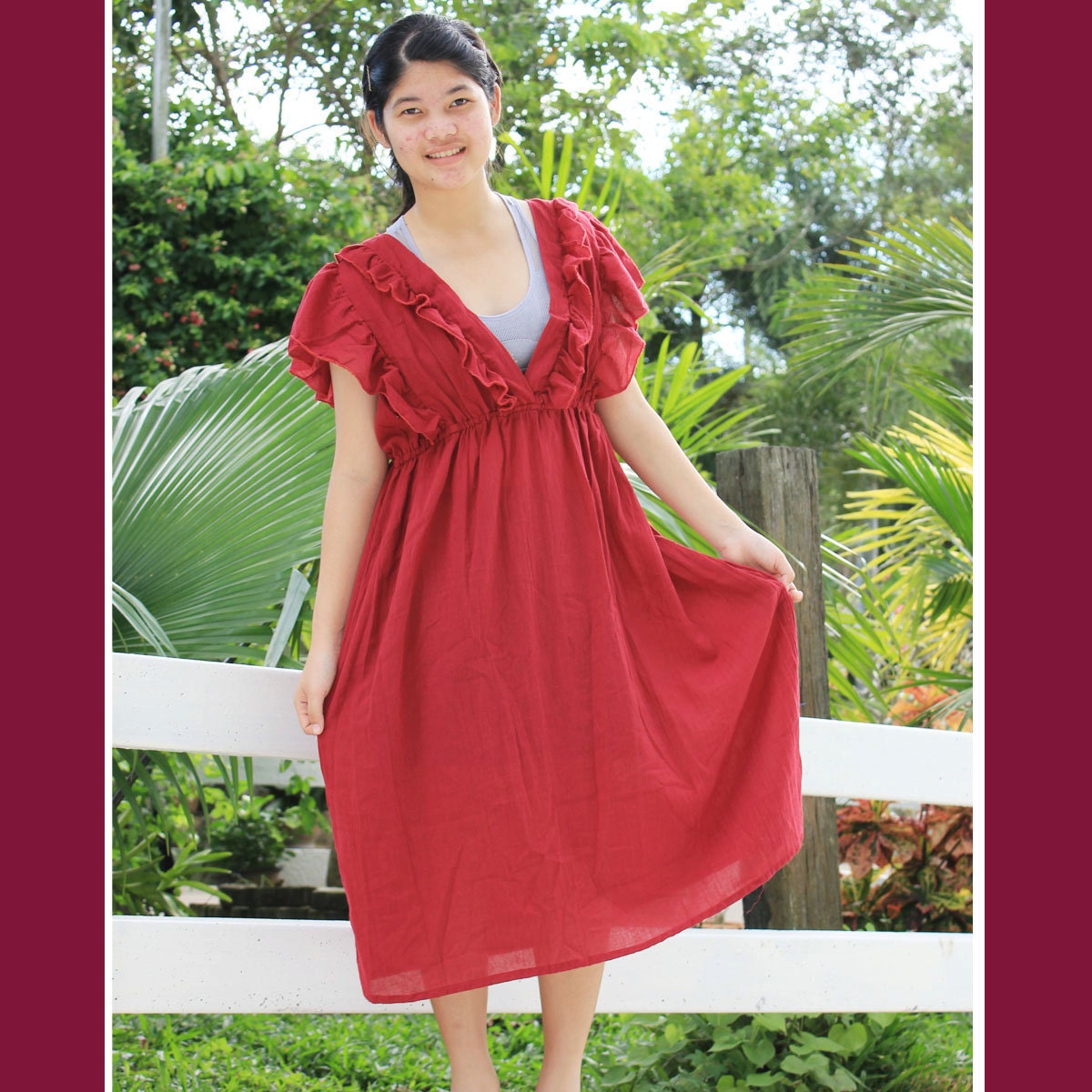 SALE 30% off - Red Ruffle Kimono Long Dress Fits L XL 2XL