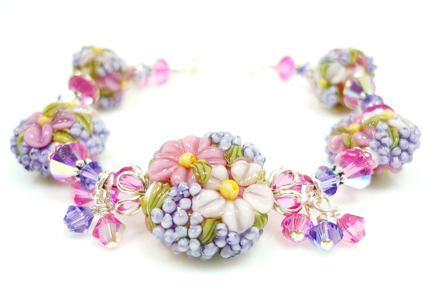 Floral Lampwork Bracelet, Glass Flower Bracelet, Glass Bead Bracelet, Pink Violet Floral Bracelet, Beaded Bracelet, Beadwork Bracelet